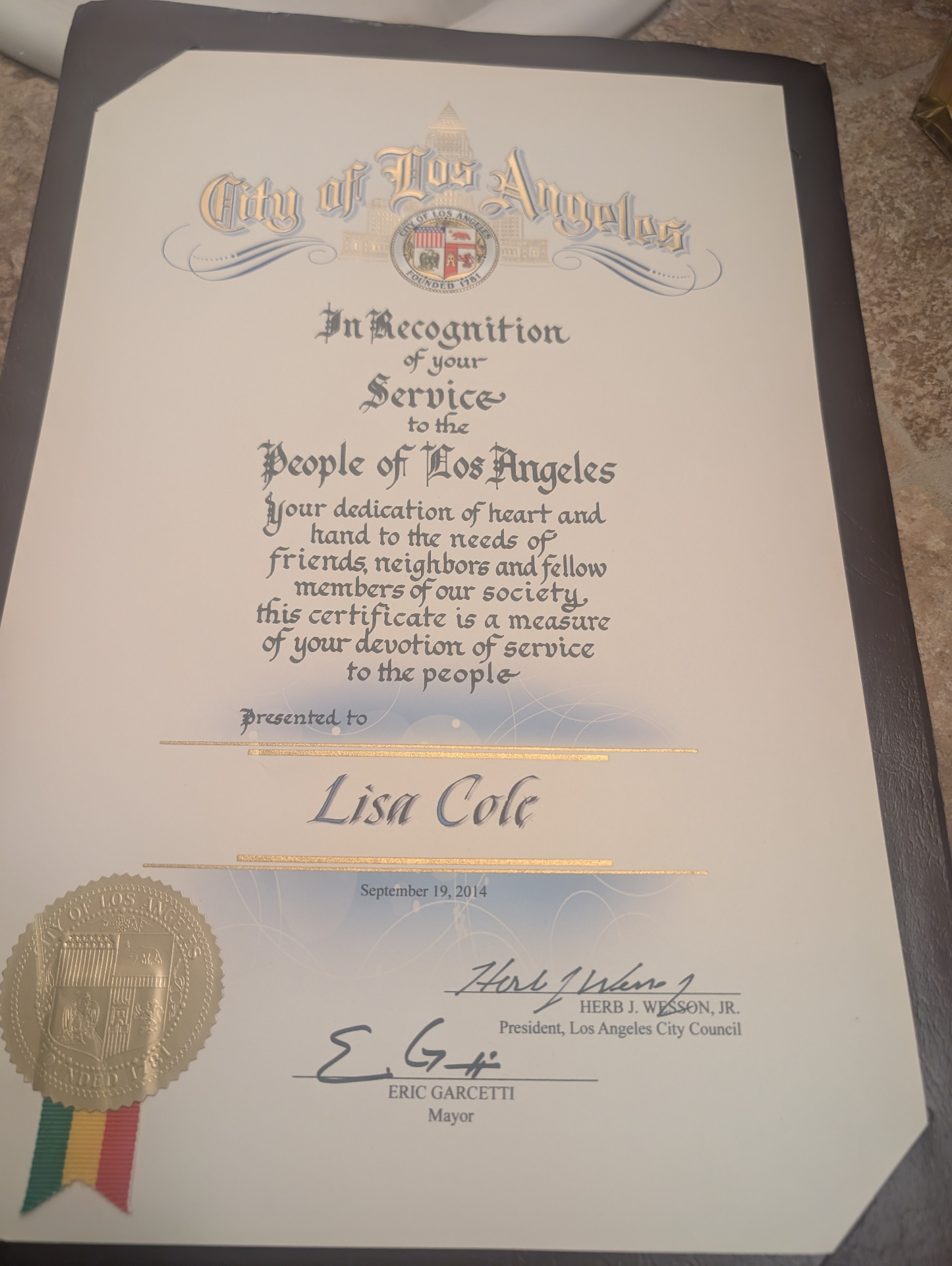 City of Los Angeles Award presented to Lisa Cole